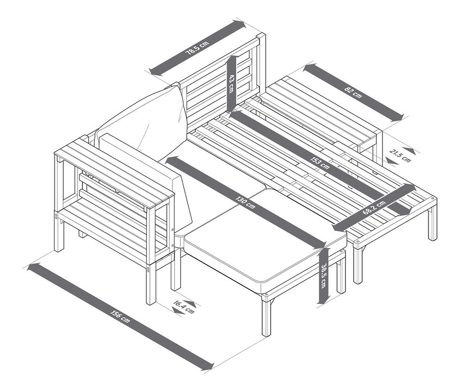 Image d'un canapé de jardin avec repose-pieds extensibles séparément et dimensions.