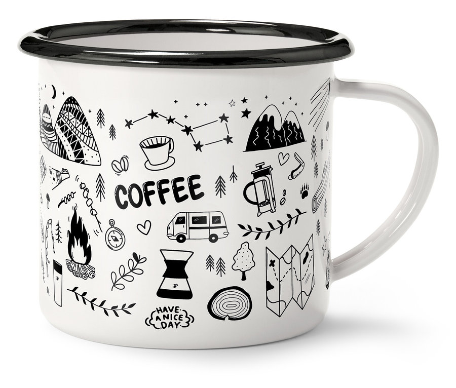 Tasse blanche à bord noir et anse, ornée de motifs d'extérieur noirs et du mot « Coffee ».