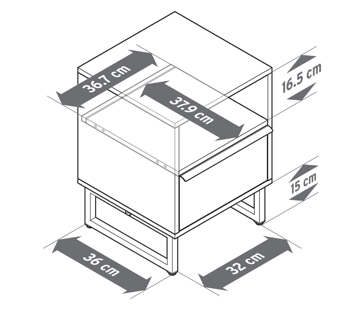 Vue de dessus du dessin technique d'une table de chevet « LEEG » avec 1 tiroir, avec les dimensions.