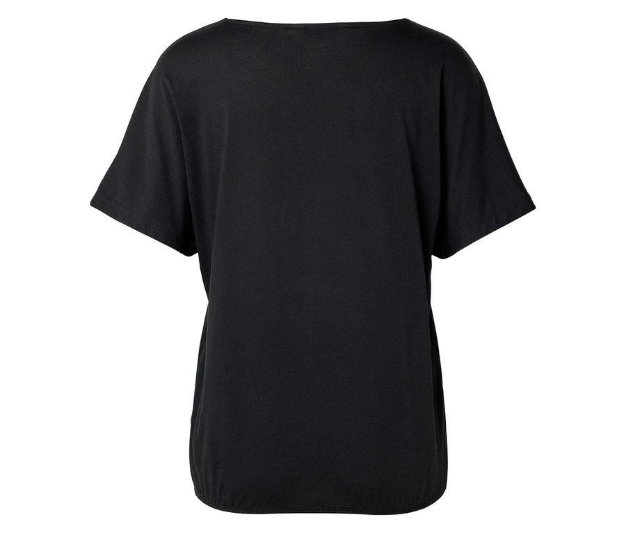 Vue arrière d'un t-shirt noir à manches courtes et à encolure large.