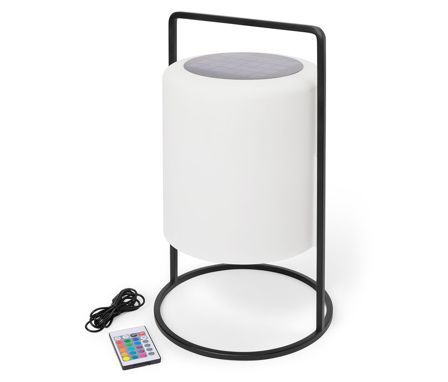 Lampe cylindrique blanche avec cadre noir, câble et télécommande.