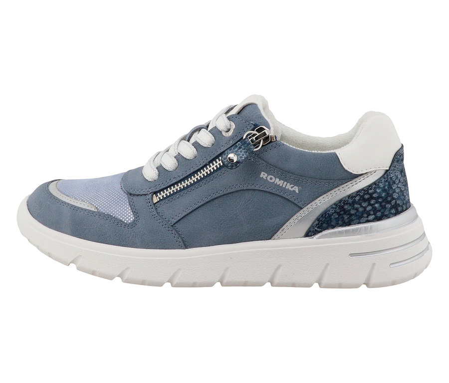 Une seule chaussure Romika bleue avec une semelle blanche, des lacets et une fermeture éclair.