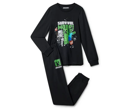 Pyjama Minecraft noir avec l'inscription « Mode survie ! » et des graphiques Creeper, Zombie et Squelette.