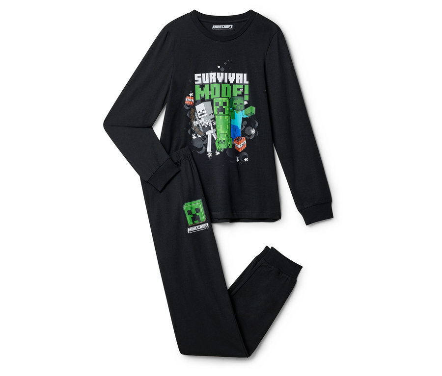Pyjama Minecraft noir avec l'inscription « Mode survie ! » et des graphiques Creeper, Zombie et Squelette.