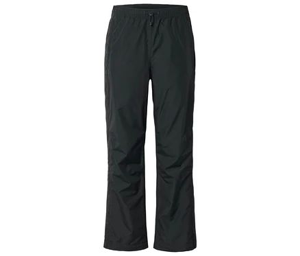 Pantalon de pluie noir avec cordon de serrage et élastique sur fond blanc.