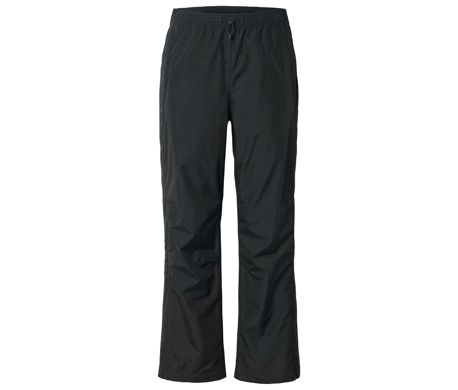 Pantalon de pluie noir avec cordon de serrage et élastique sur fond blanc.