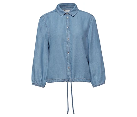 Chemise en jean bleu clair à manches longues, boutonnée et cordon de serrage à l'ourlet.
