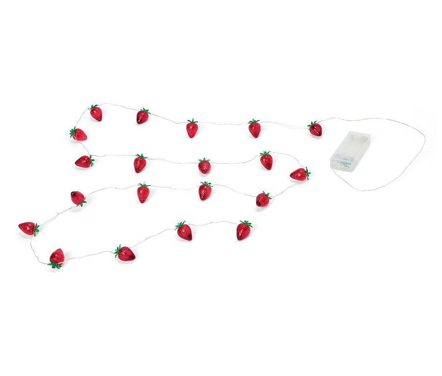 Guirlande lumineuse fraise sur fond blanc.