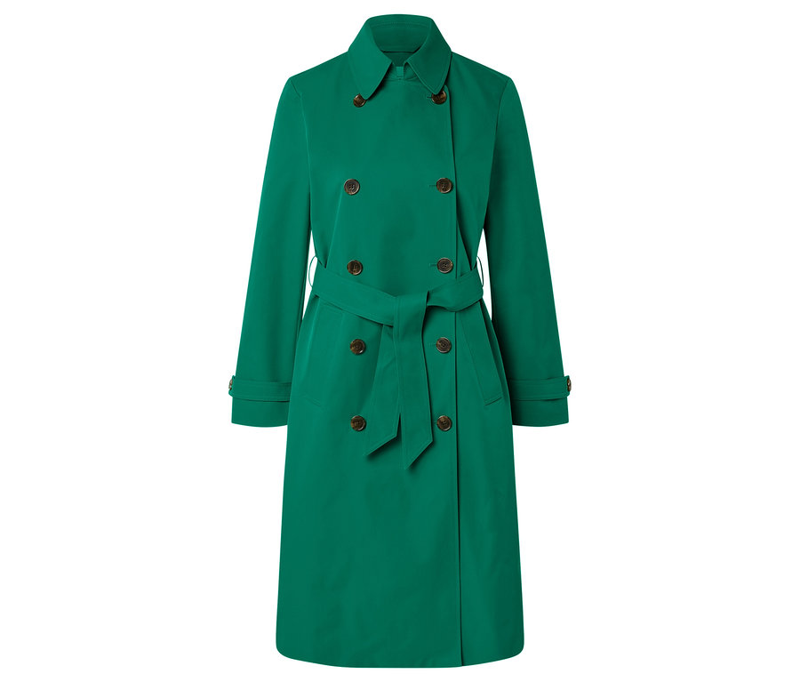 Trench-coat croisé vert avec ceinture.