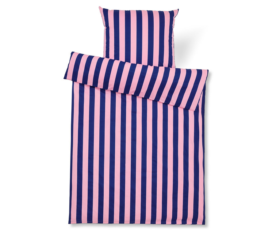 Ensemble de literie à rayures bleu et rose comprenant une taie d'oreiller et une housse de couette.