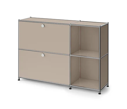 Meuble de rangement modulaire rectangulaire beige avec cadre chromé, deux compartiments fermés à gauche avec poignées argentées, deux étagères ouvertes à droite.