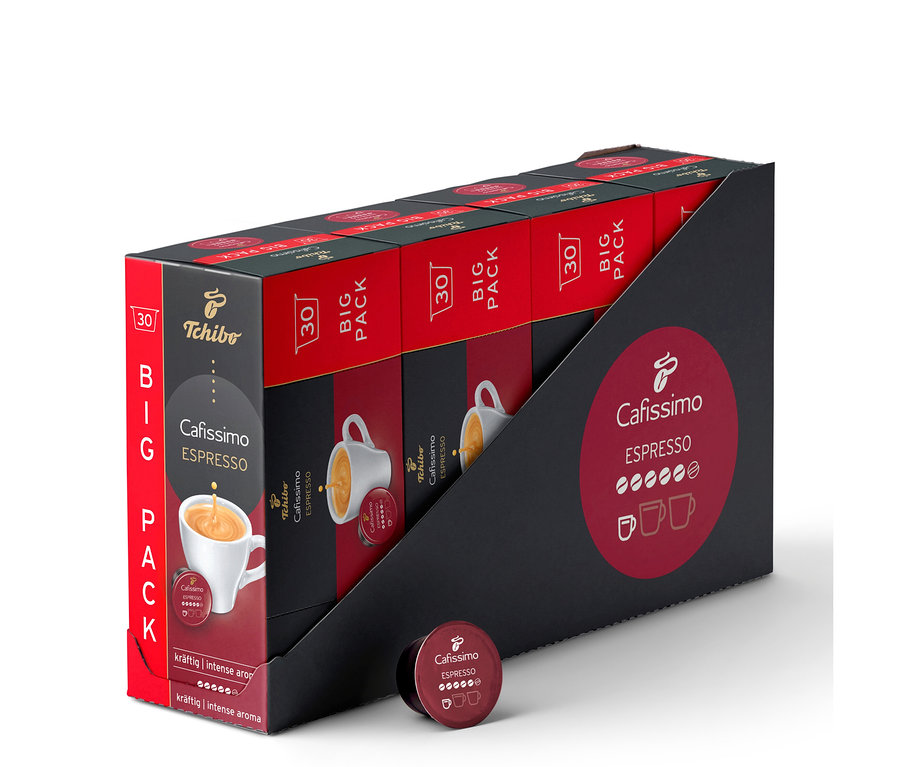 Un présentoir noir et rouge contenant 120 capsules Tchibo Cafissimo Espresso corsé, avec une capsule rouge seule devant.