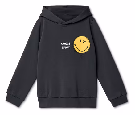 Sweat à capuche gris foncé avec un visage souriant jaune, un X pour l'œil droit et des coulures de peinture jaunes, à côté du texte « CHOOSE HAPPY ».