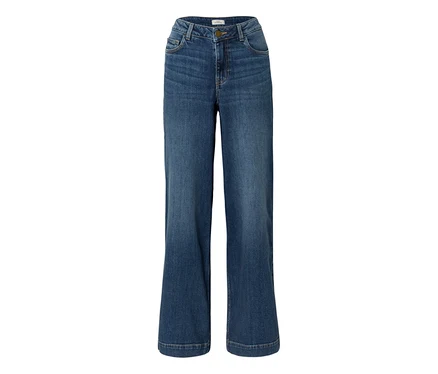 Jean bleu taille haute à jambe large, avec fermeture boutonnée et zippée et poches avant.