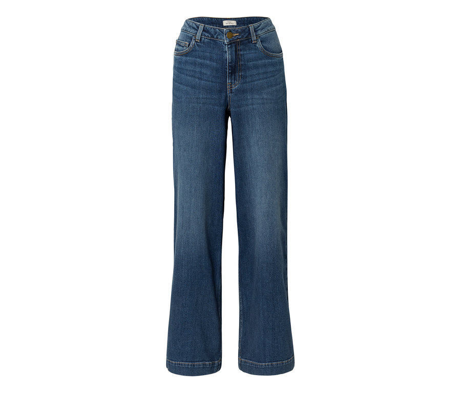 Jean bleu taille haute à jambe large, avec fermeture boutonnée et zippée et poches avant.