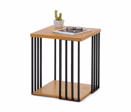 Une table d'appoint moderne avec un plateau et une étagère inférieure en bois clair, reliés par des barres métalliques noires. Sur le dessus se trouvent une petite plante en pot, un magazine et des lunettes.