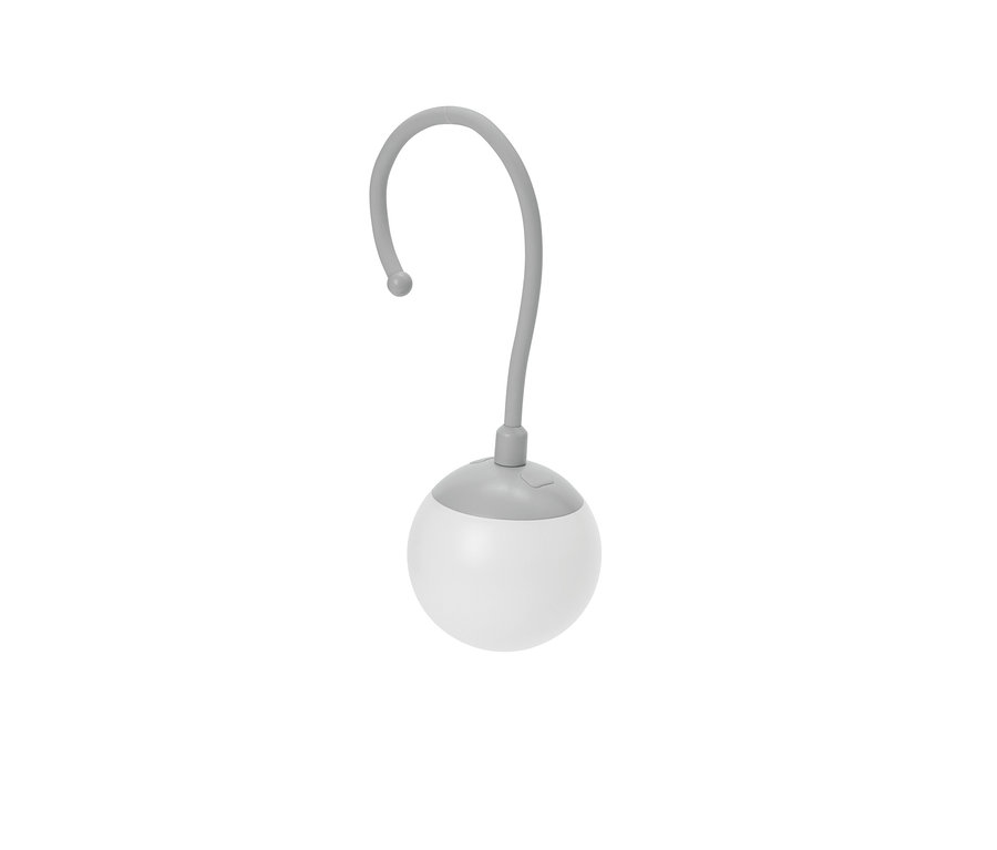 Une lampe grise avec un abat-jour rond et blanc.
