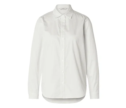 Chemise blanche à manches longues avec col classique, boutonnage et ourlet arrondi.