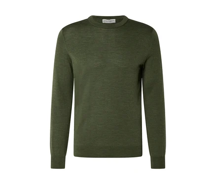 Pull vert olive à col rond et manches longues, en maille fine avec des bords-côtes.