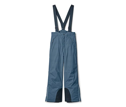 Pantalon de ski bleu avec bretelles foncées, poches zippées à l'avant et chevilles renforcées noires avec bandes réfléchissantes blanches.