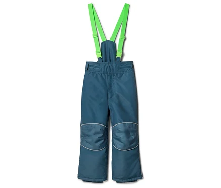 Pantalon de neige bleu avec des bretelles vert vif et des genoux renforcés avec des bandes réfléchissantes.