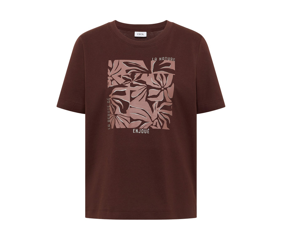 T-shirt à motif CECIL marron avec un imprimé carré aux tons roses, représentant des feuilles abstraites et les inscriptions "LA NATURE", "LA BEAUTÉ DE", "ENJOUÉ".