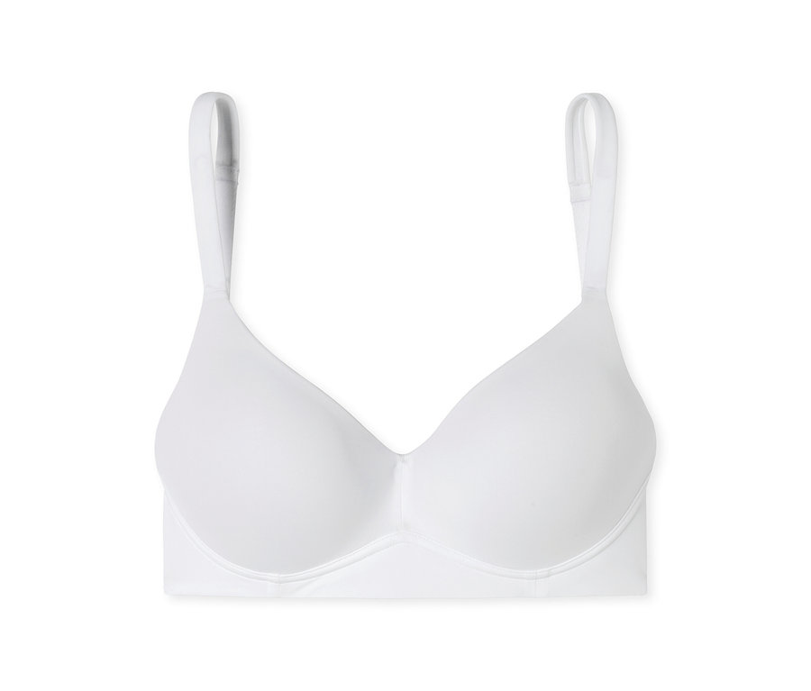 Soutien-gorge blanc sans coutures à armatures, avec bonnets moulés et bretelles réglables, sur fond blanc.