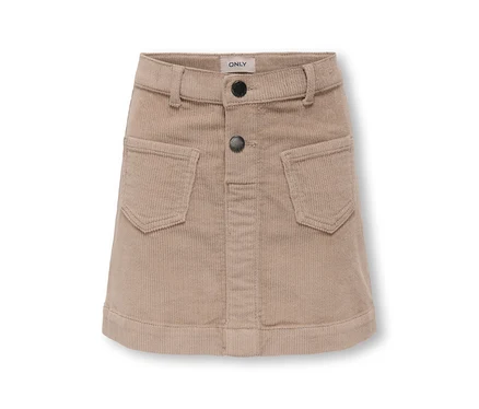 Mini-jupe en velours côtelé beige avec deux boutons foncés, passants de ceinture et deux grandes poches plaquées. Étiquette « ONLY » sur la ceinture.