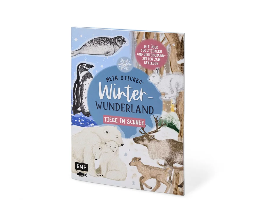 Couverture du livre d'autocollants « Mon pays des merveilles hivernales en autocollants : « Les animaux dans la neige » » avec un phoque, un pingouin, une famille d'ours polaires, des rennes et un lapin dans un paysage enneigé.