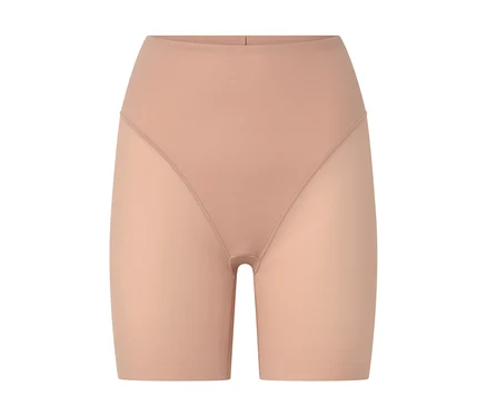 Shorts shapewear beiges taille haute avec jambes transparentes.