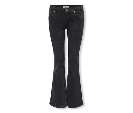 Jean évasé gris foncé avec fermeture boutonnée et zippée, cinq poches et aspect denim délavé.