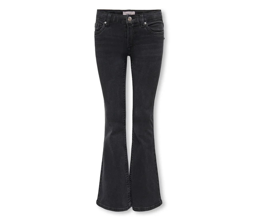 Jean évasé gris foncé avec fermeture boutonnée et zippée, cinq poches et aspect denim délavé.