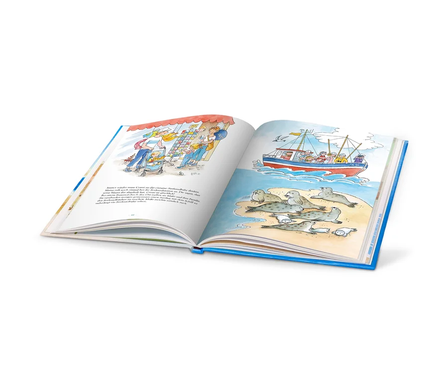 Livre ouvert avec des illustrations d'un marché et de phoques, Livre « Les plus belles histoires de vacances » (en allemand).