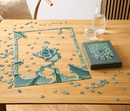 Un puzzle partiellement assemblé « Succulentes » est posé sur une table en bois à côté d'une boîte avec un motif de succulentes, d'un verre et d'une carafe d'eau.