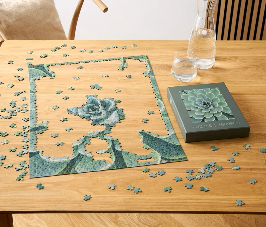 Un puzzle partiellement assemblé « Succulentes » est posé sur une table en bois à côté d'une boîte avec un motif de succulentes, d'un verre et d'une carafe d'eau.