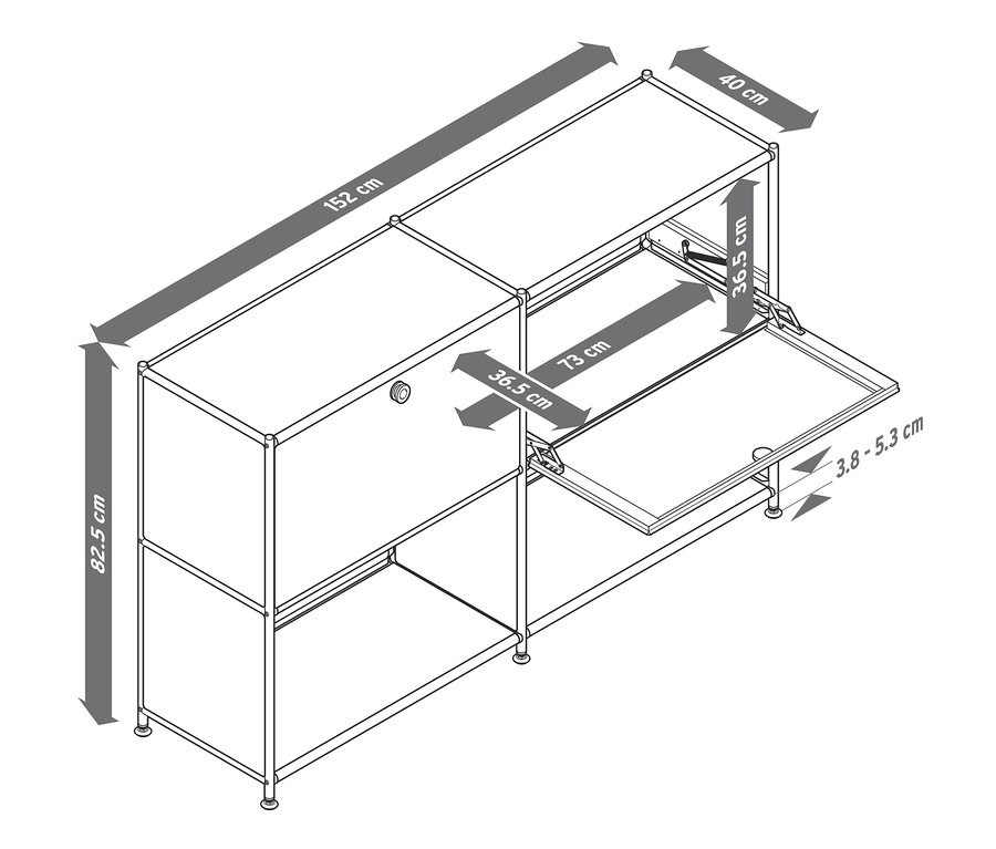 Schéma d'un buffet en métal CN3 avec deux abattants et indications de dimensions.