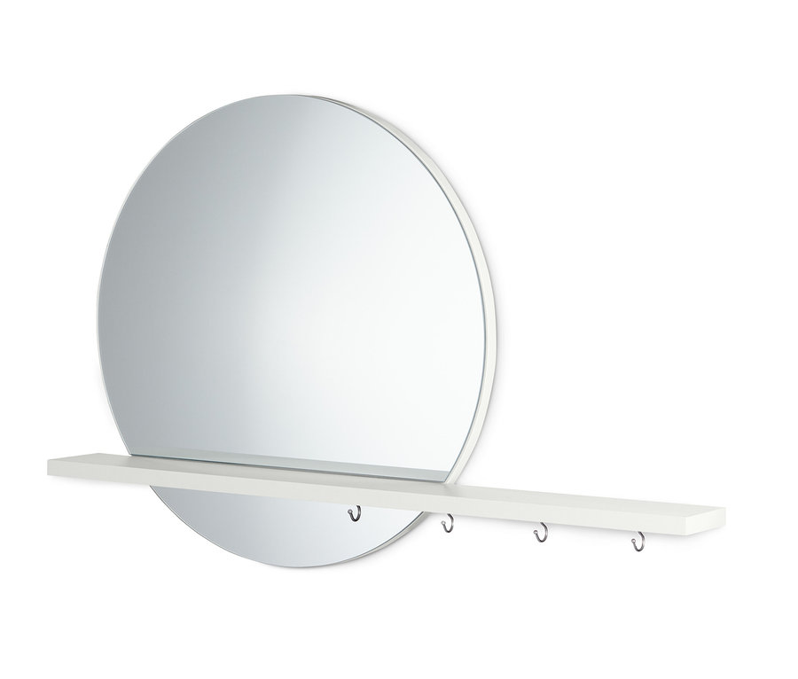 Miroir mural rond blanc avec surface de rangement et crochets.