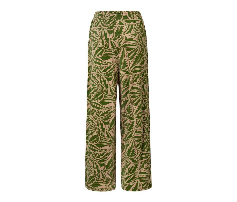 Pantalon palazzo imprimé vert et beige.
