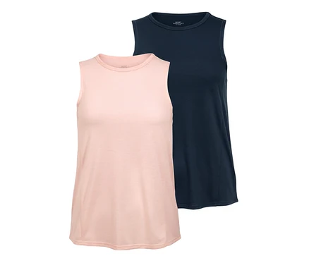 Deux hauts de sport, un rose clair, un bleu marine.
