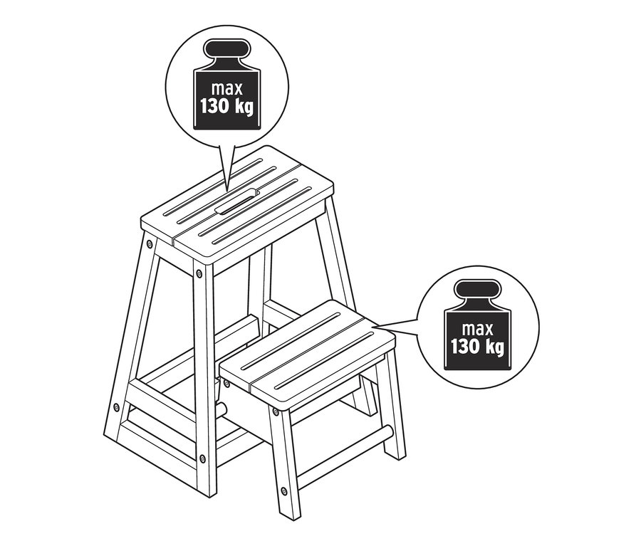 Schéma d'un marchepied escamotable en bois massif à deux marches avec une capacité de charge maximale de 130 kg.