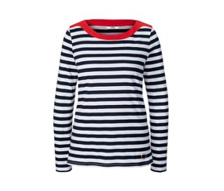 Bleu foncé-blanc à rayures avec empiècement rouge au niveau de l'encolure