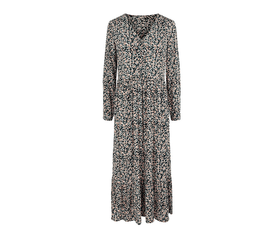 Une robe maxi noire à motif floral.