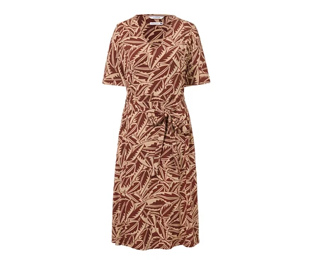 Robe en jersey imprimée avec des feuilles beiges et marron.