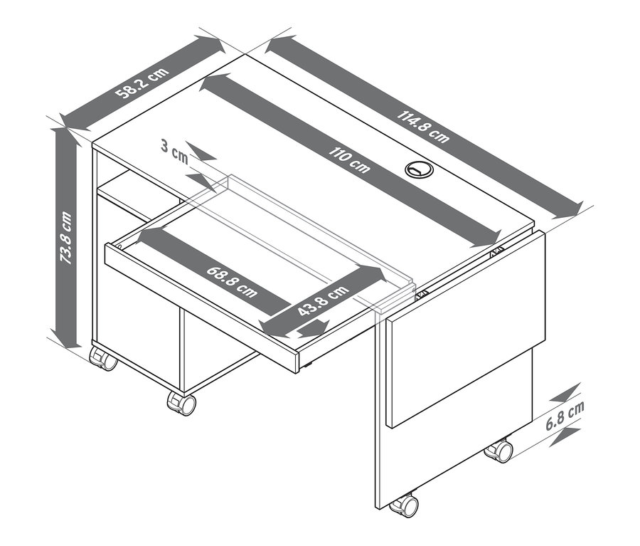 Dimensions de la table multifonction avec un plateau de table extensible.