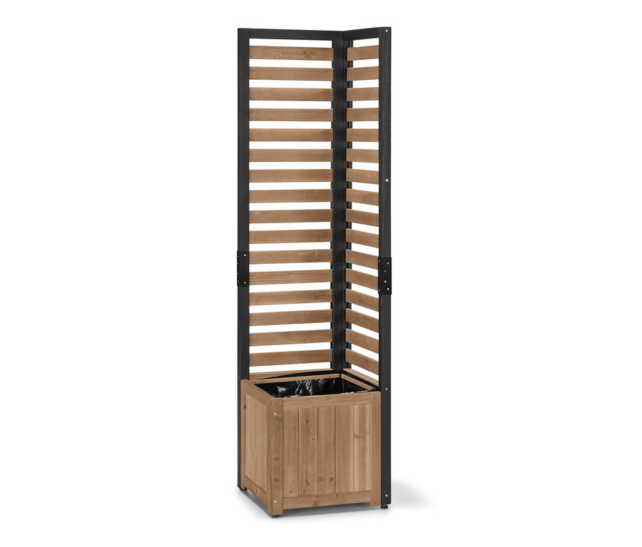 Un module bac à plantes à protection visuelle « Elin » avec des lamelles en bois et un cadre noir.