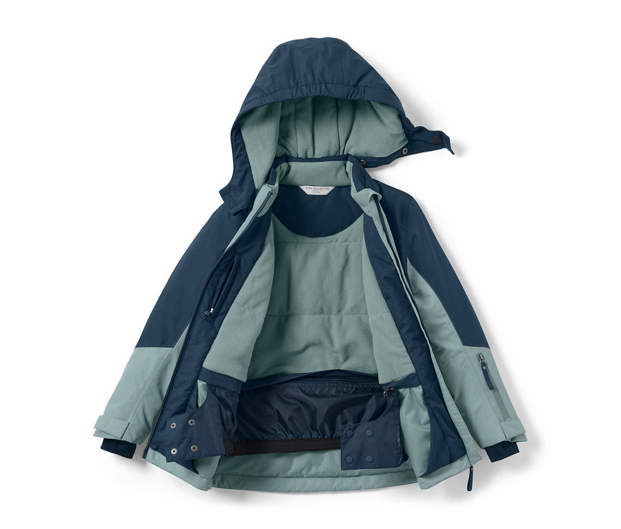 Veste de snowboard et de plein air pour enfant ouverte, bleue et bleu clair avec capuche.