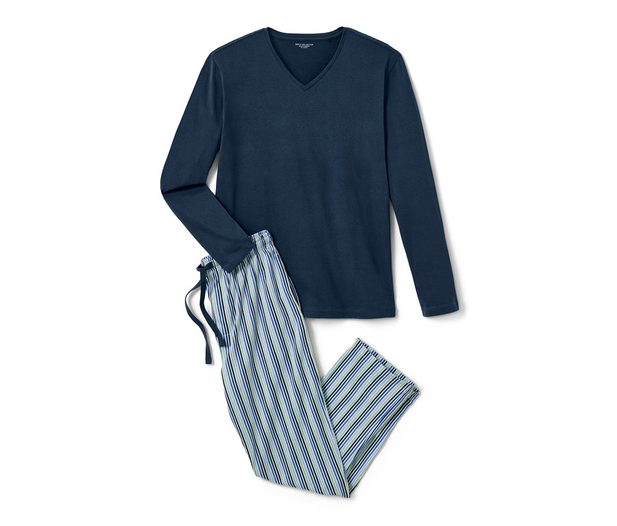 Un pyjama bleu à manches longues et un pantalon rayé.
