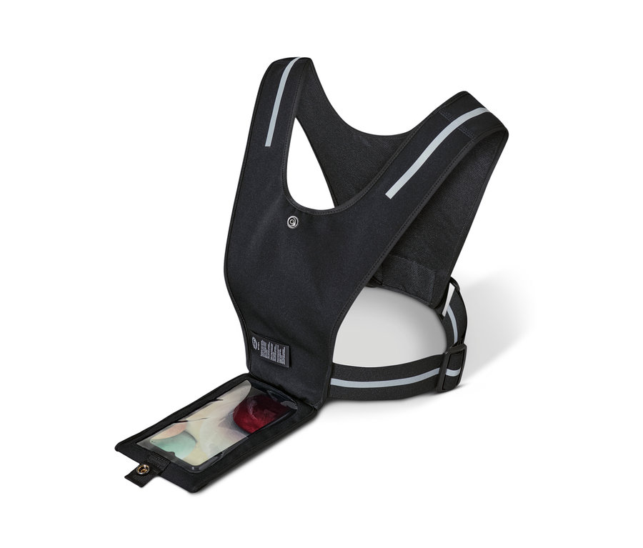 Gilet de course à pied smartphone noir avec une poche transparente pour téléphone.