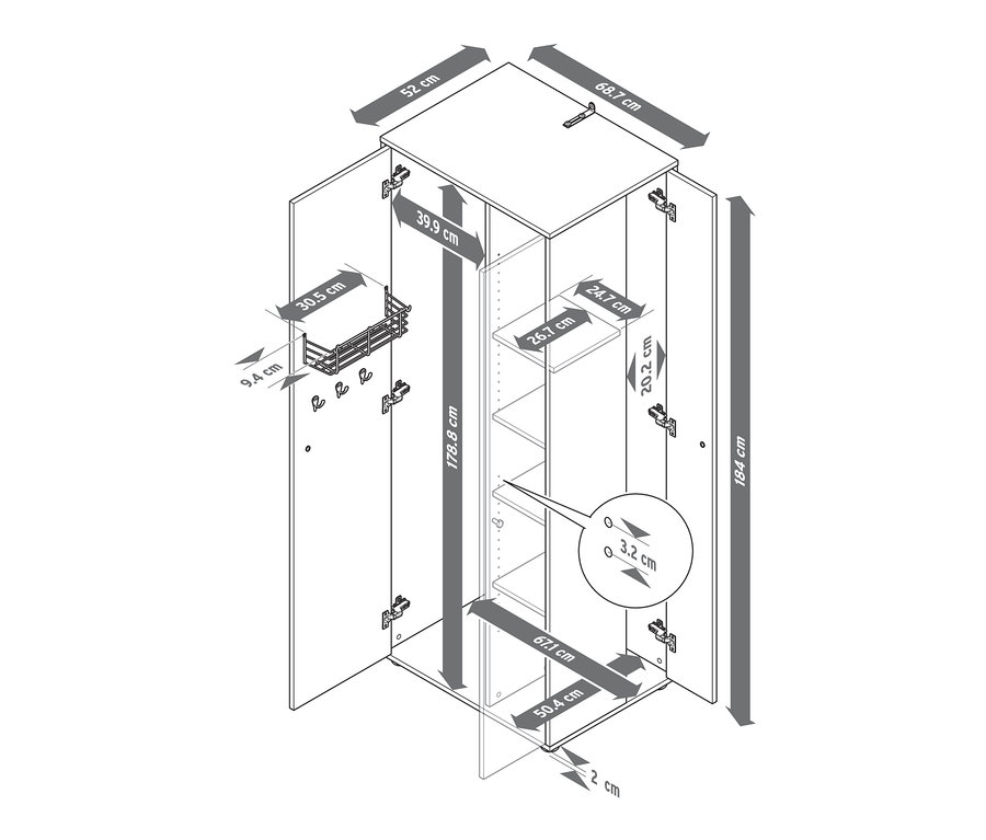 Schéma d'une armoire universelle avec espace de rangement latéral, portes ouvertes et dimensions indiquées.