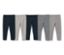 Cinq leggings pour bébé et tout-petit : deux bleu marine, un gris rayé, un bleu rayé et un gris.